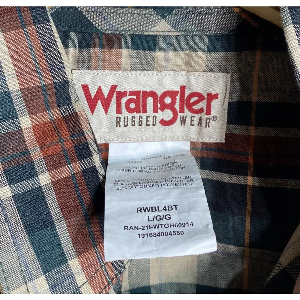 Wrangler Green Tan Plaid Long Sleeve Button Down Shirt Men's Large 42-44